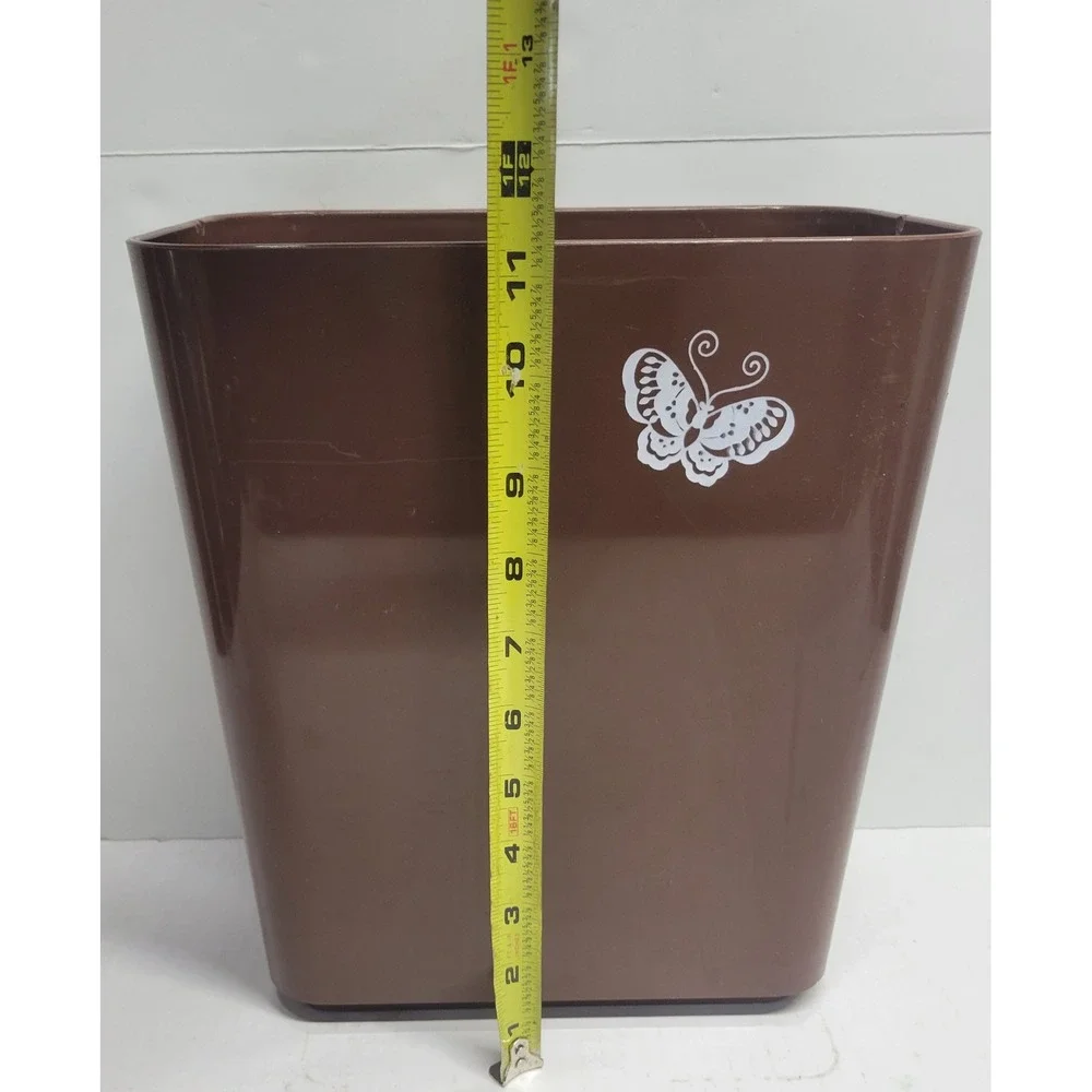 Vintage Brown Plastic Wastebasket with White Butterfly Graphic Small‎ Trash Can
